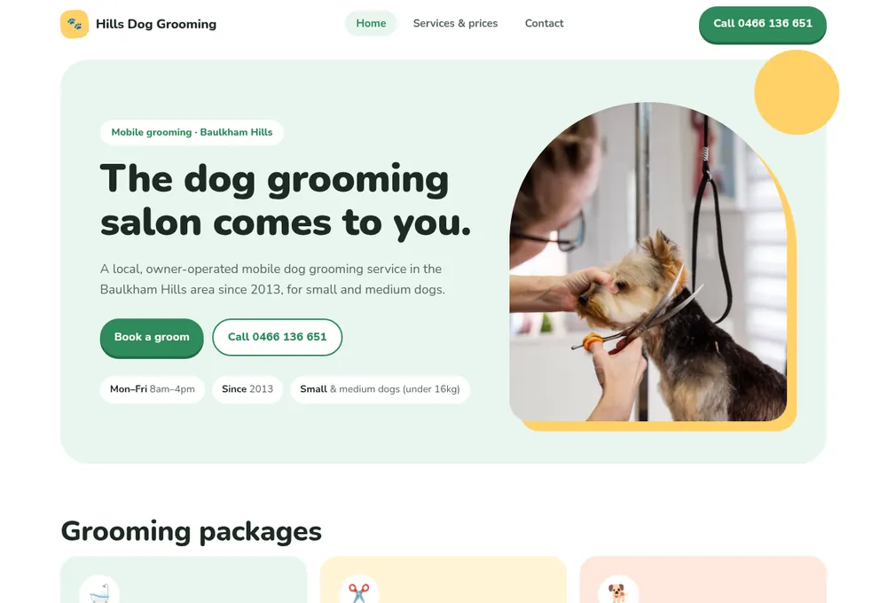Concept design for a mobile dog grooming website