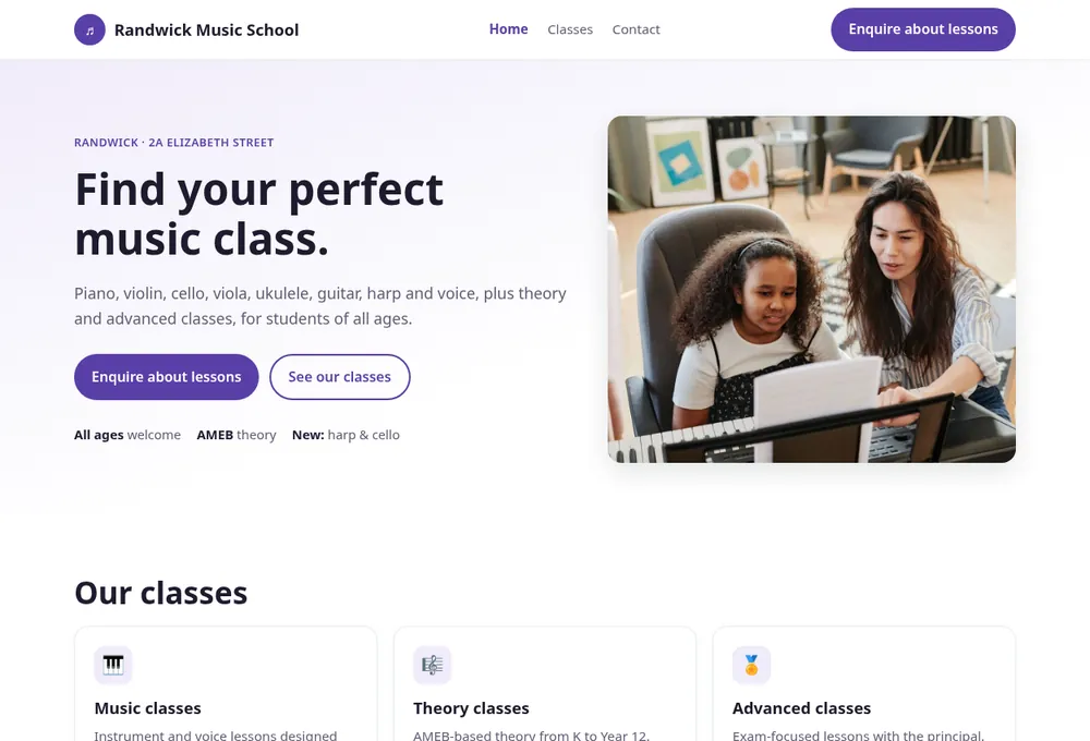 Concept design for a music school website